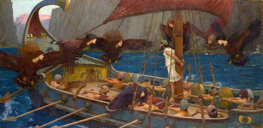 waterhouse ulises y las sirenas (national gallery of victoria, melbourne, 1891. Óleo sobre lienzo, 100.6 x 202 cm)