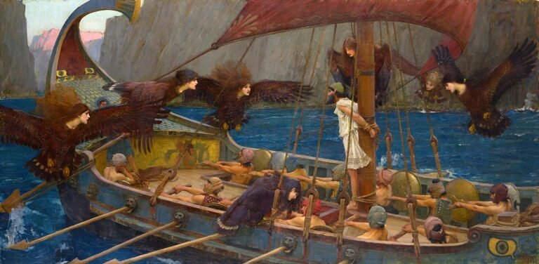 waterhouse ulises y las sirenas (national gallery of victoria, melbourne, 1891. Óleo sobre lienzo, 100.6 x 202 cm)